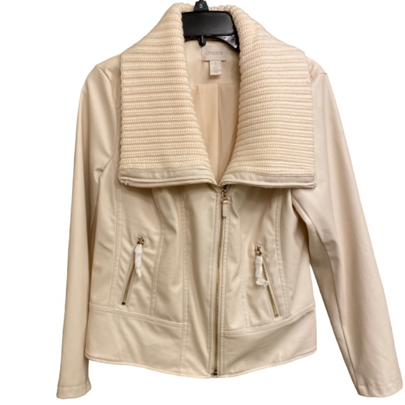 Chico's Jackets & Blazers - Chicos Womens Moto Jacket Ivory Faux Leather Zip Up Asymmetric Collar sz 1 NWOT